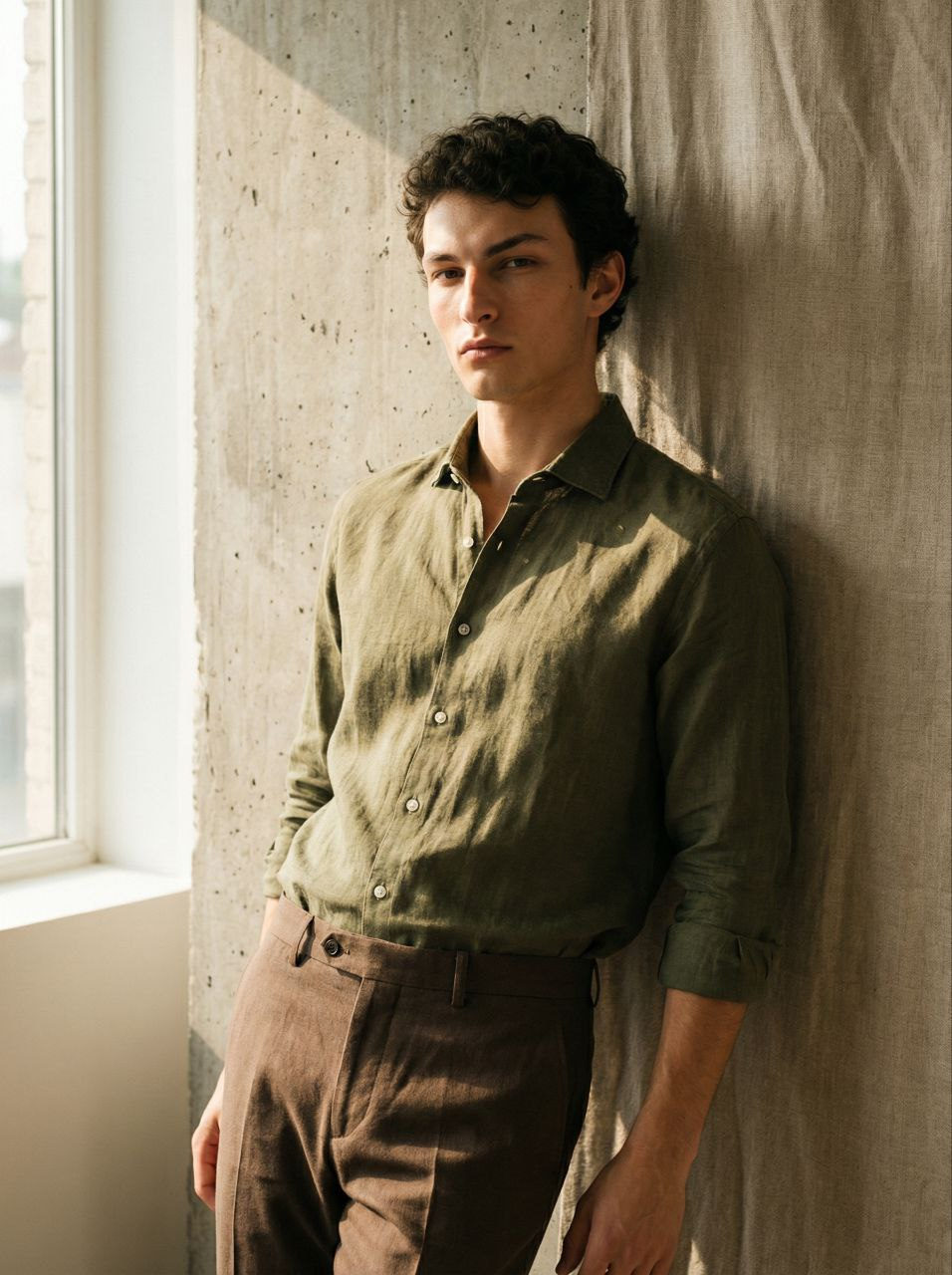 Editorial portrait featuring muted earthy clothing against a textured concrete backdrop, illuminated by soft side window light.