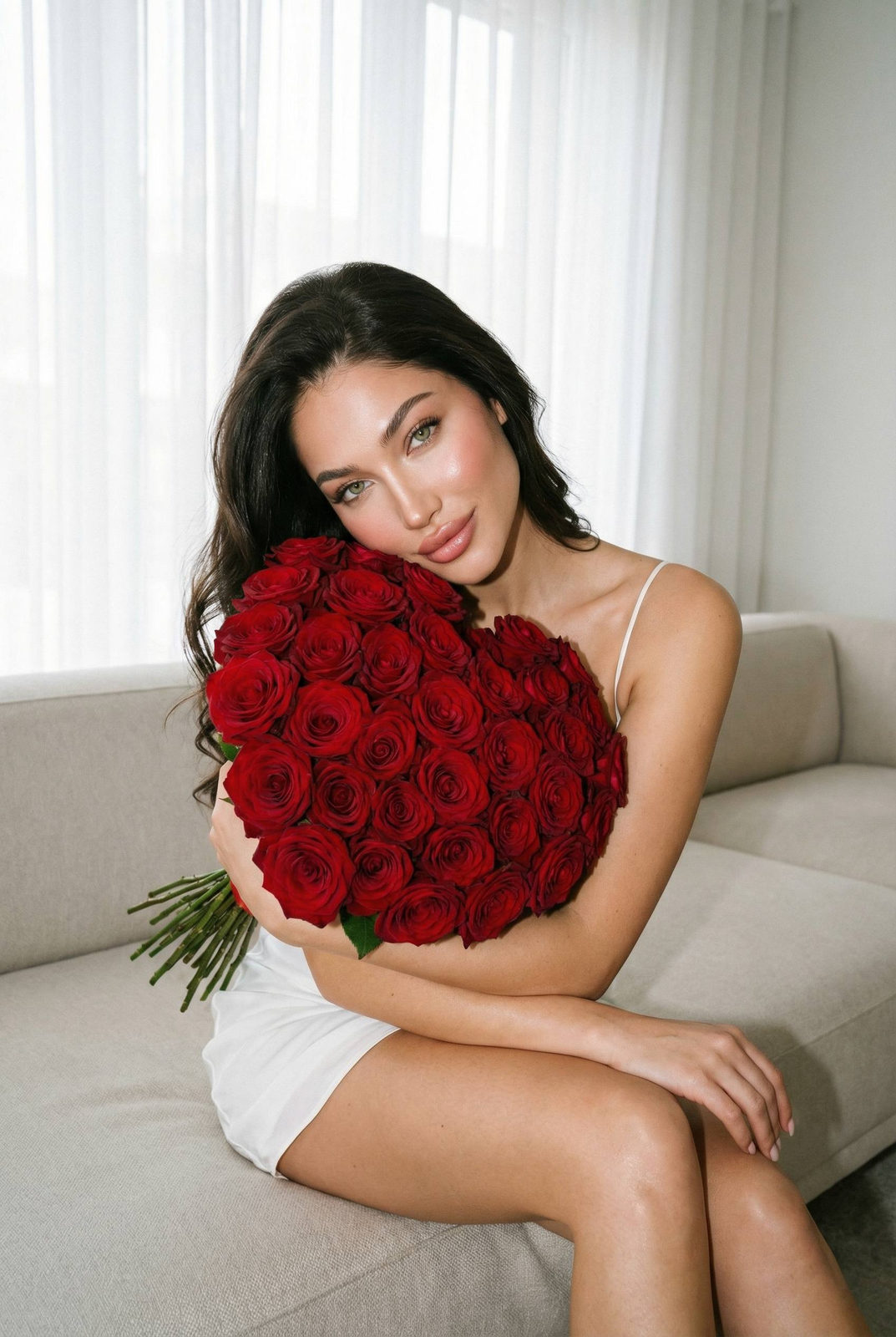 Elegant woman in a white mini dress holding a heart-shaped bouquet of deep red roses on a minimalist sofa, soft daylight illuminating her face.