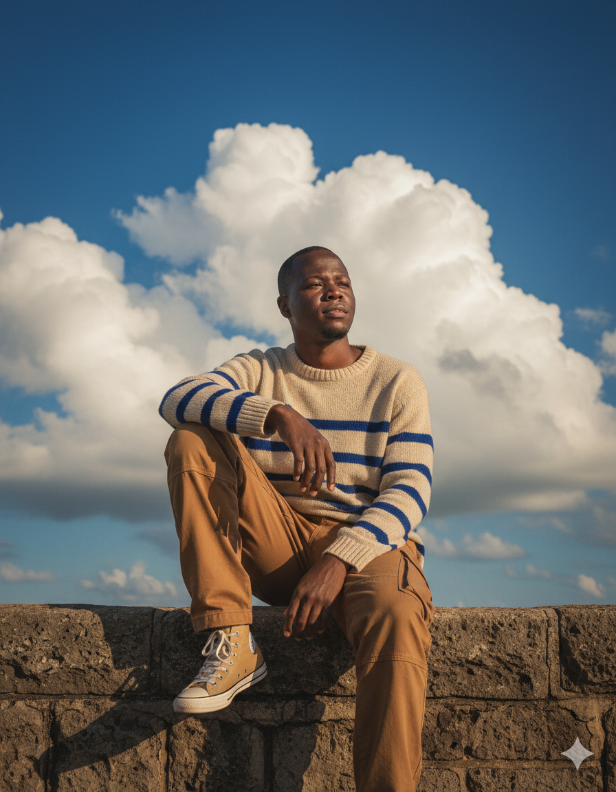 A person in a beige knit sweater sits on a stone wall under a blue sky, gazing at the horizon in warm sunlight.