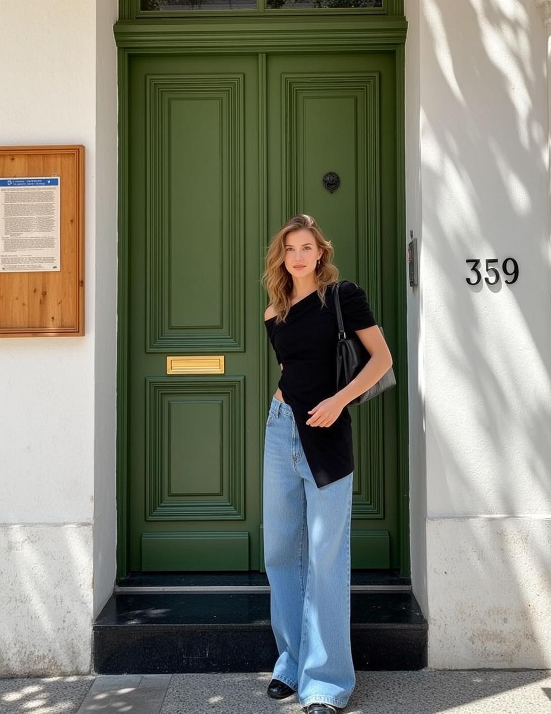 Black Asymmetrical Top and Light Blue Jeans by Green Door
