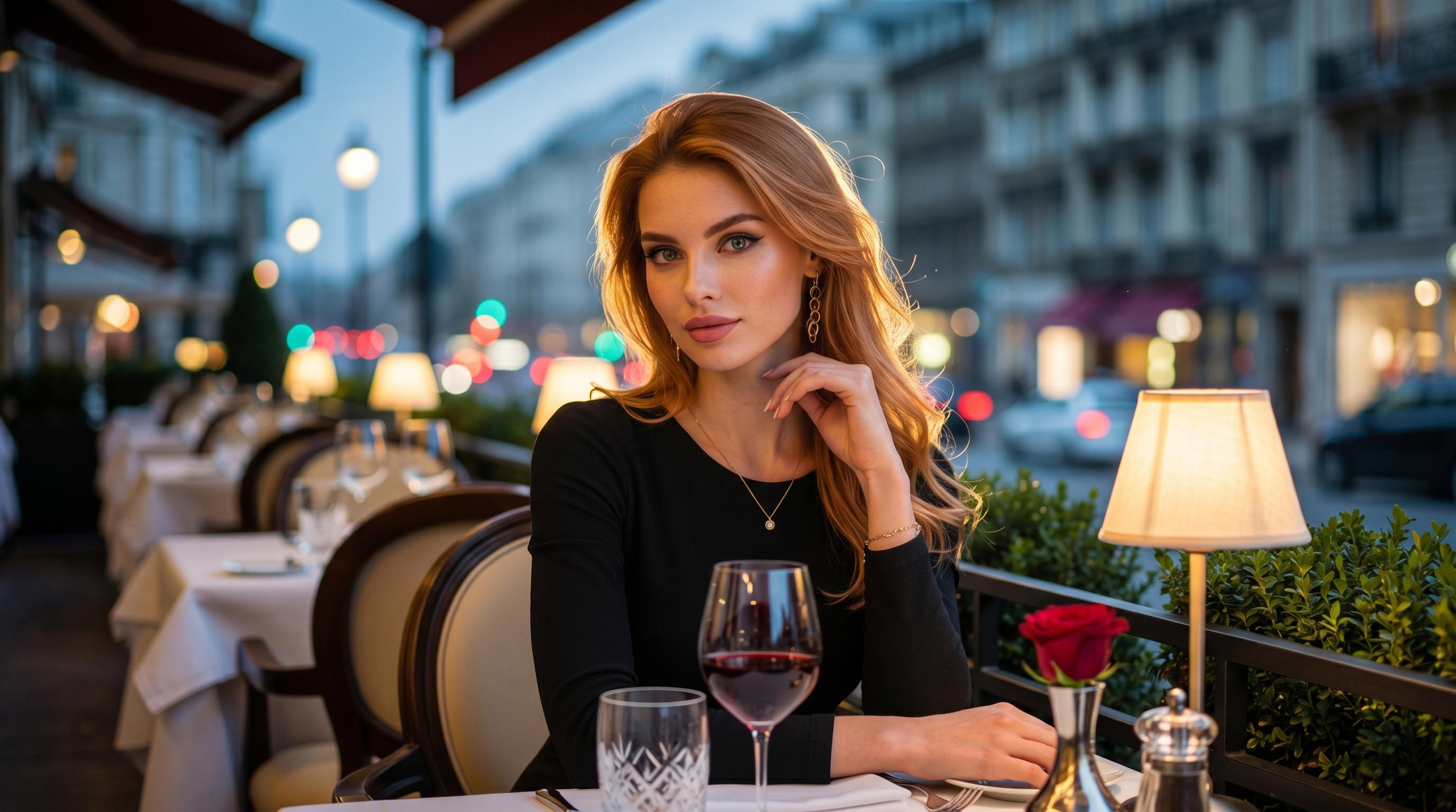 Long Sleeved Black Dress At Outdoor Parisian Cafe Terrace