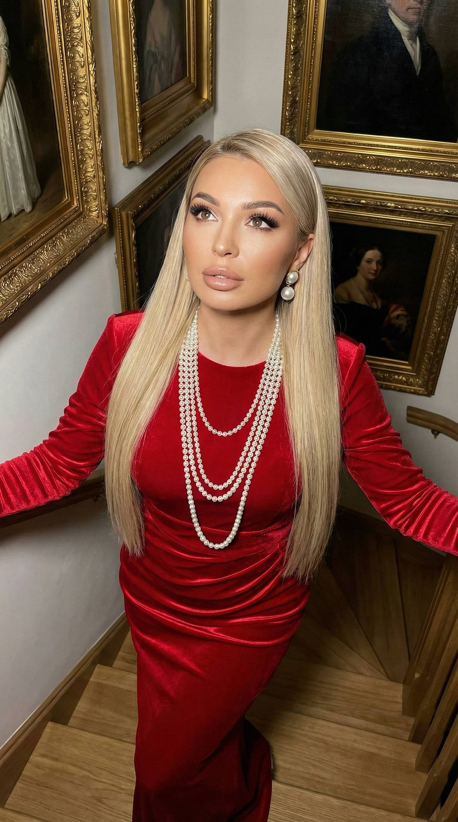 Close-up portrait of a woman in a velvet red gown with pearls, ascending a staircase, showcasing luxurious evening makeup.