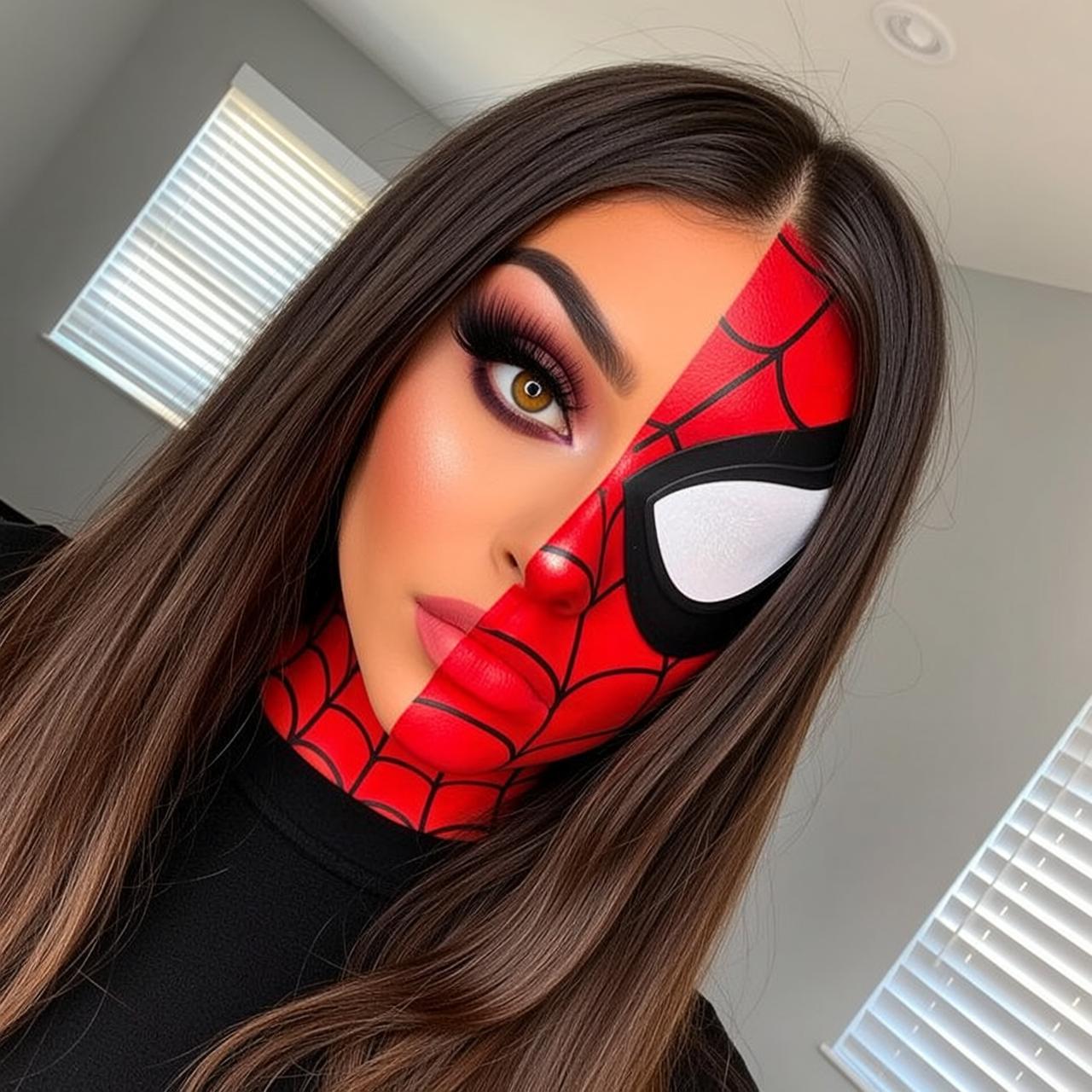 Halloween Makeup Half Her Painted Spider-man Long