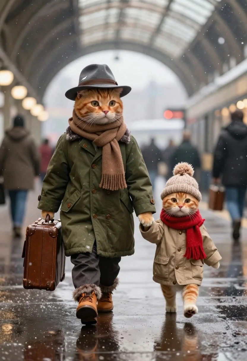 Cinematic Shot Two Anthropomorphic Orange Tabby Cats Walking Hand-in-hand Through reference photo