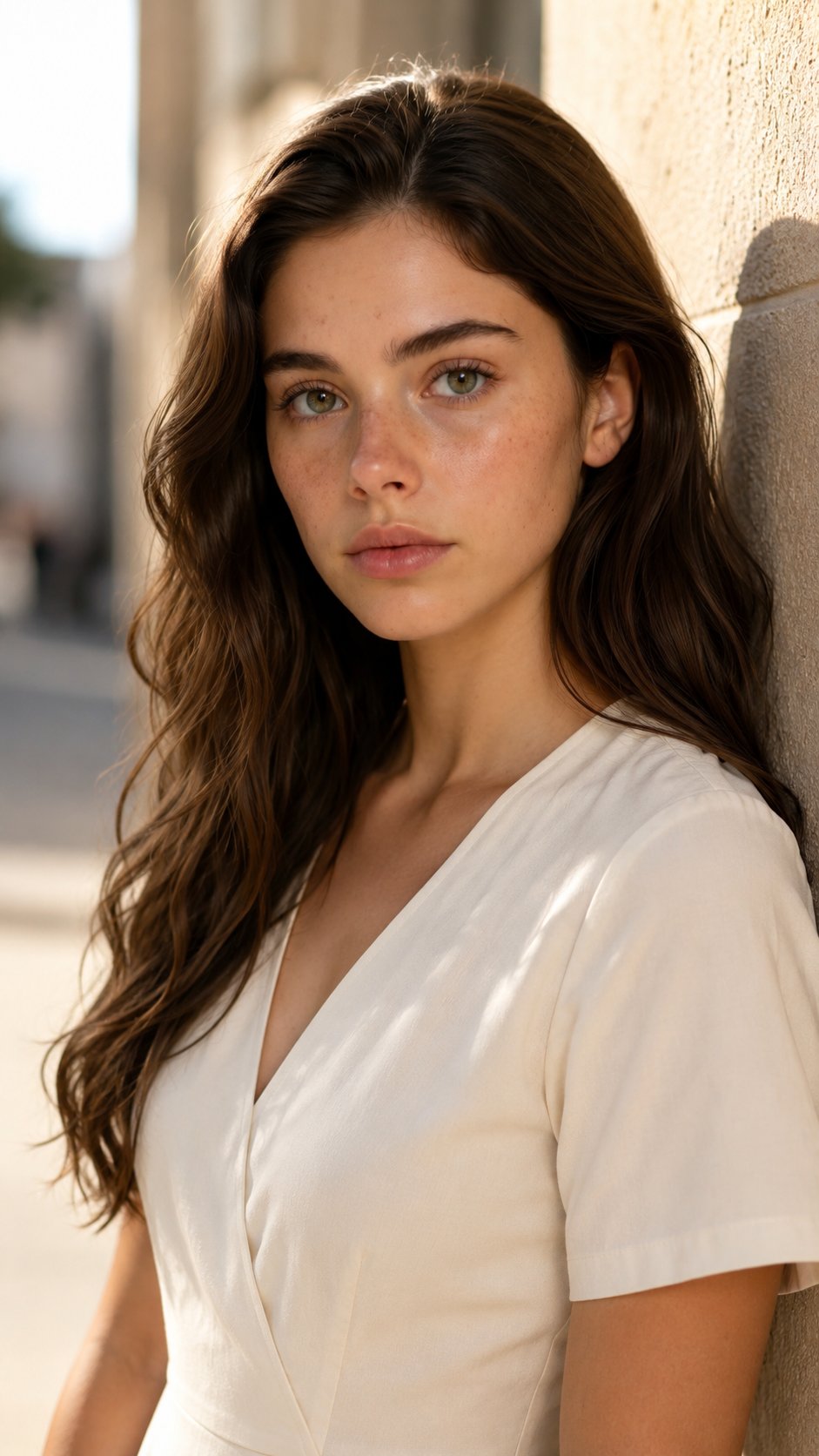 Close-up portrait of a woman in a cream wrap top leaning against a light stone wall in a sunlit corridor
