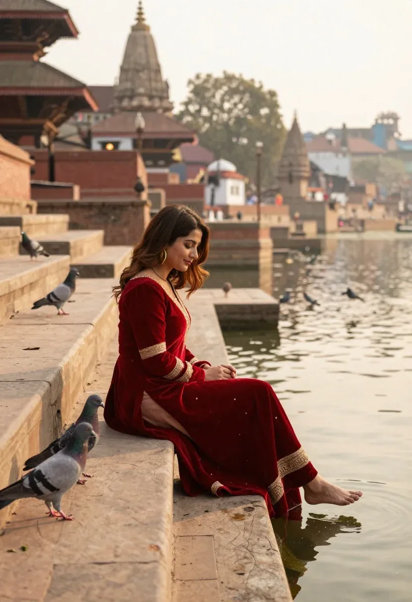 Woman Red Dress Sits Stone Steps The Water With Her