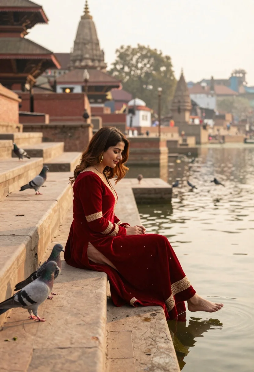 Woman Red Dress Sits Stone Steps The Water With Her