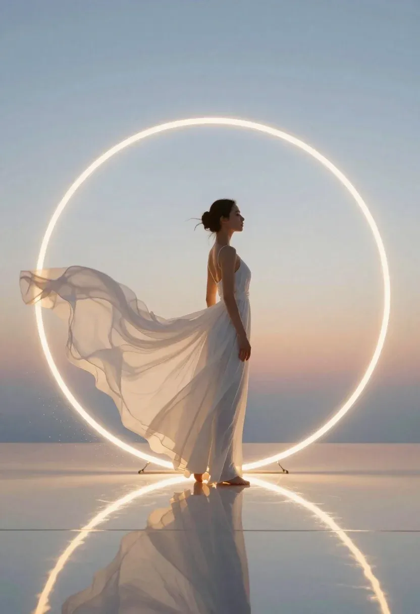 Digital Art Render Woman Standing Inside Glowing Ring Reflective Ground