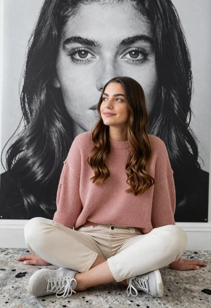 Young Woman With Long Wavy Brown Hair Sits Cross-legged Patterned