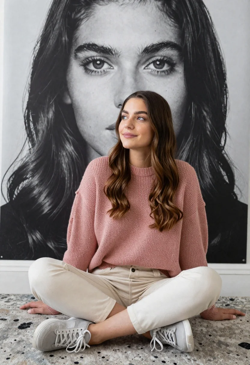 Young Woman With Long Wavy Brown Hair Sits Cross-legged Patterned