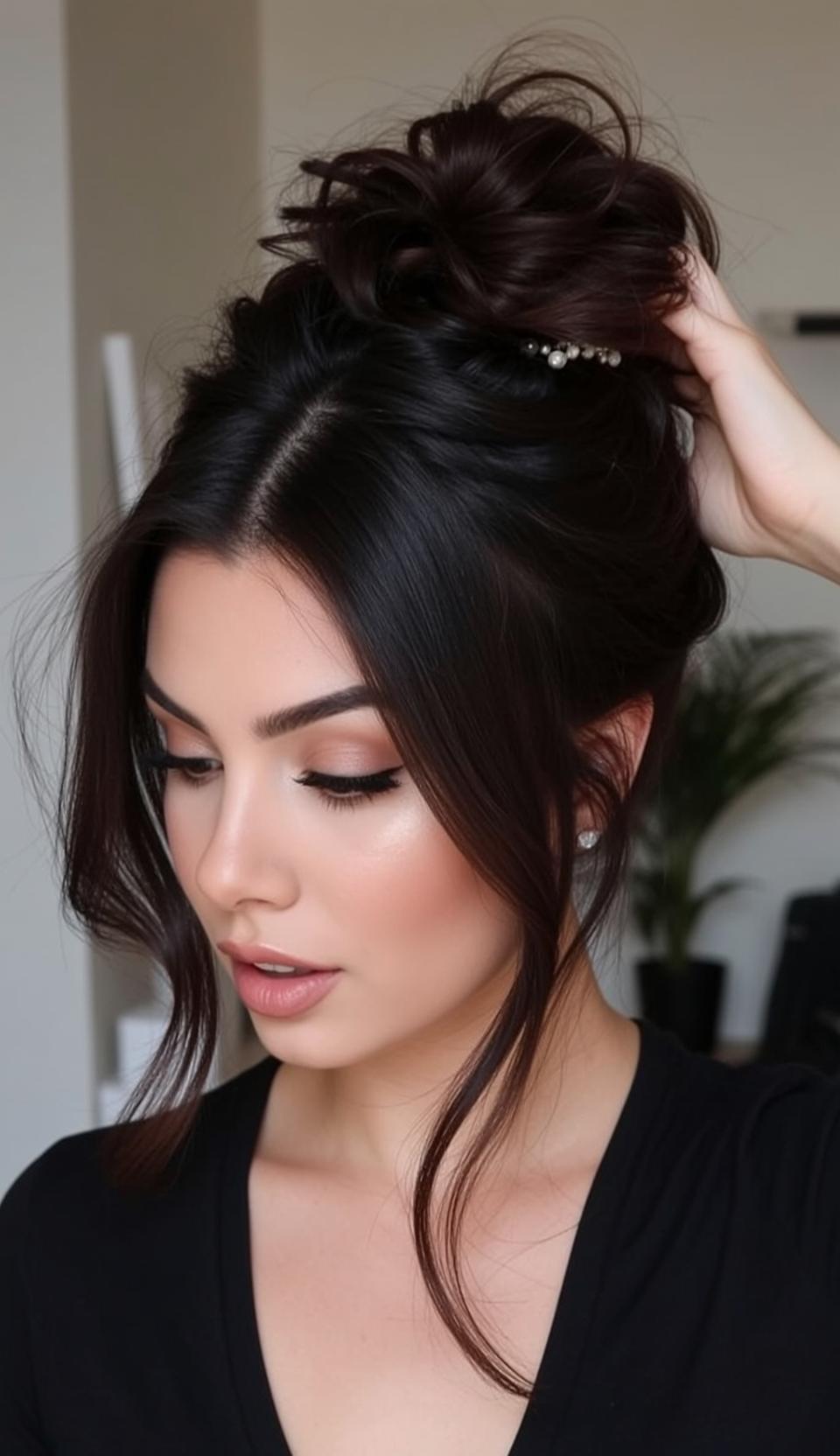 Young Woman Dark Hair Pearl Clip Soft Light