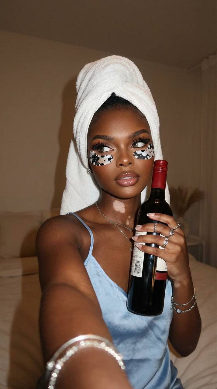 A woman with a towel on her head, glossy lips, and wine bottle in a cozy bedroom with elegant decor.