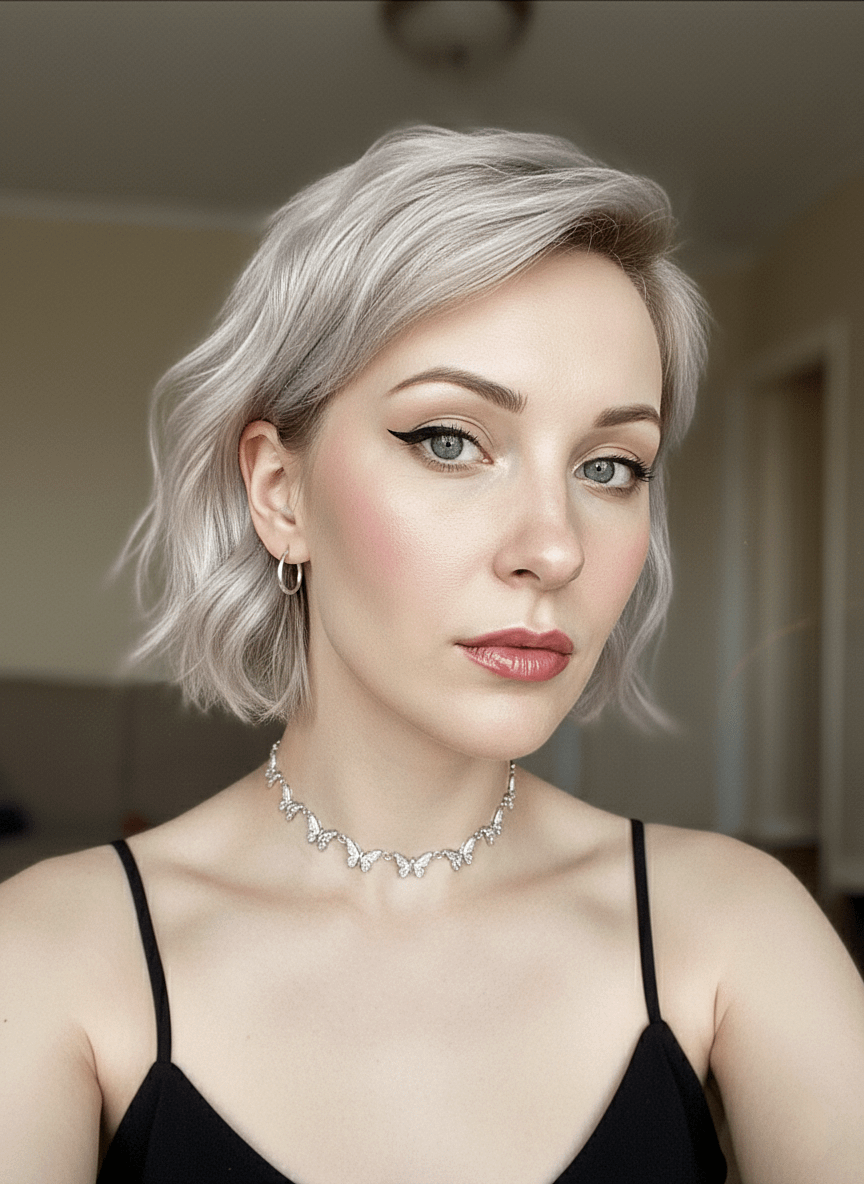 Winged Eyeliner And Butterfly Necklace Selfie