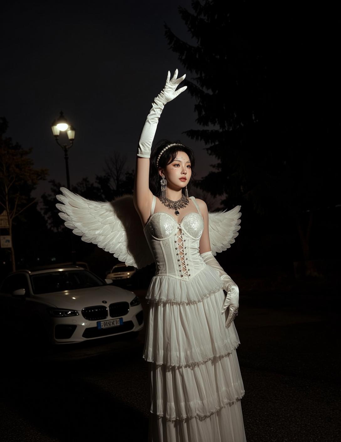 White Corset Ruffled Skirt Street Night Angel Wings