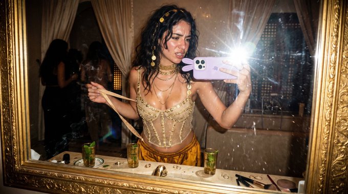 A person in a gold sequined corset taking a mirror selfie with a lavender phone surrounded by ornate glasses in a dimly lit room.