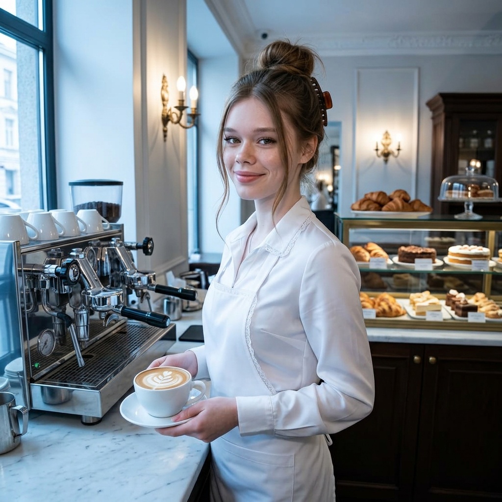 woman holding latte art behind a cafe counter in cool window light with chrome accents.