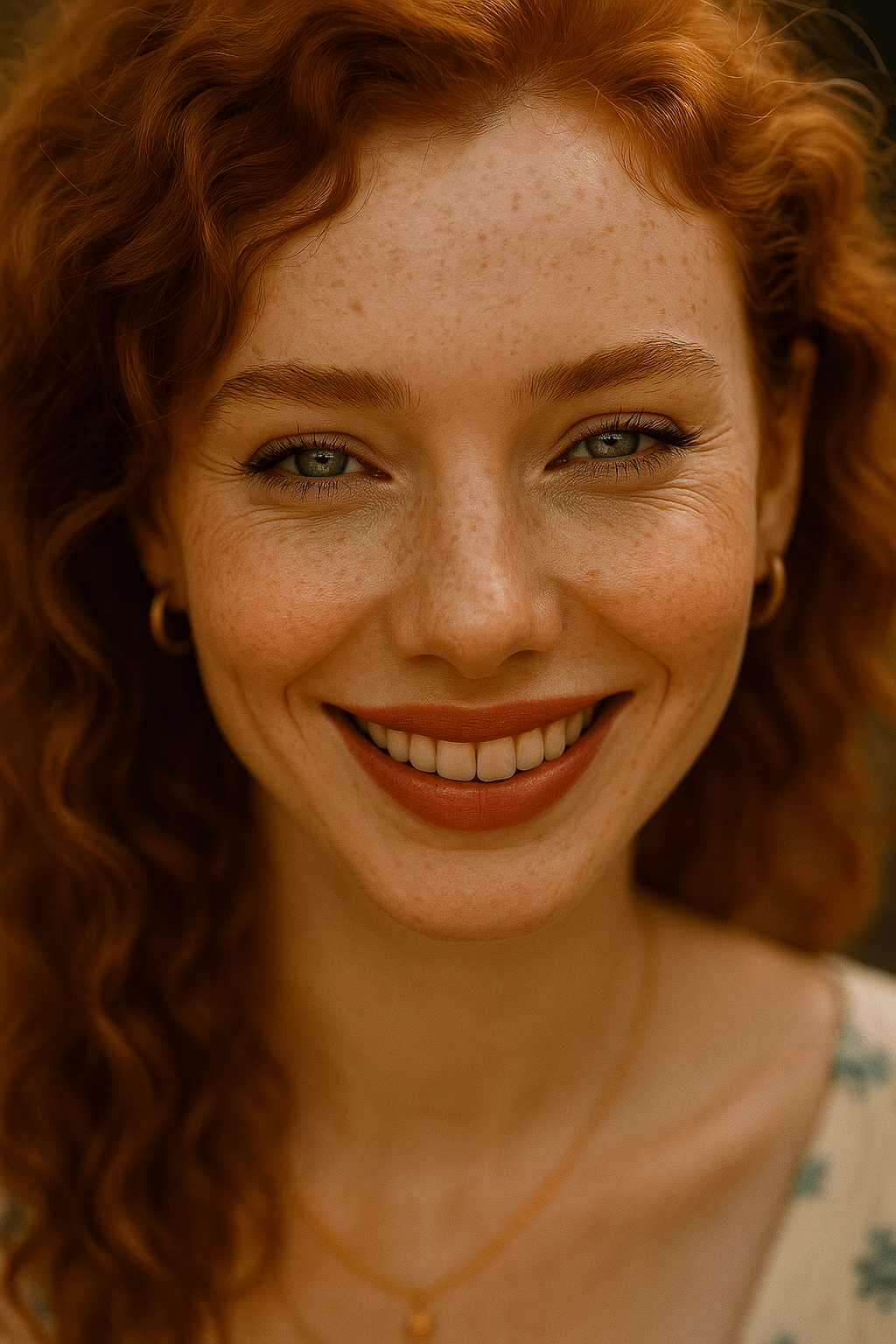 Golden Hour Portrait Vibrant Wavy Hair Freckles