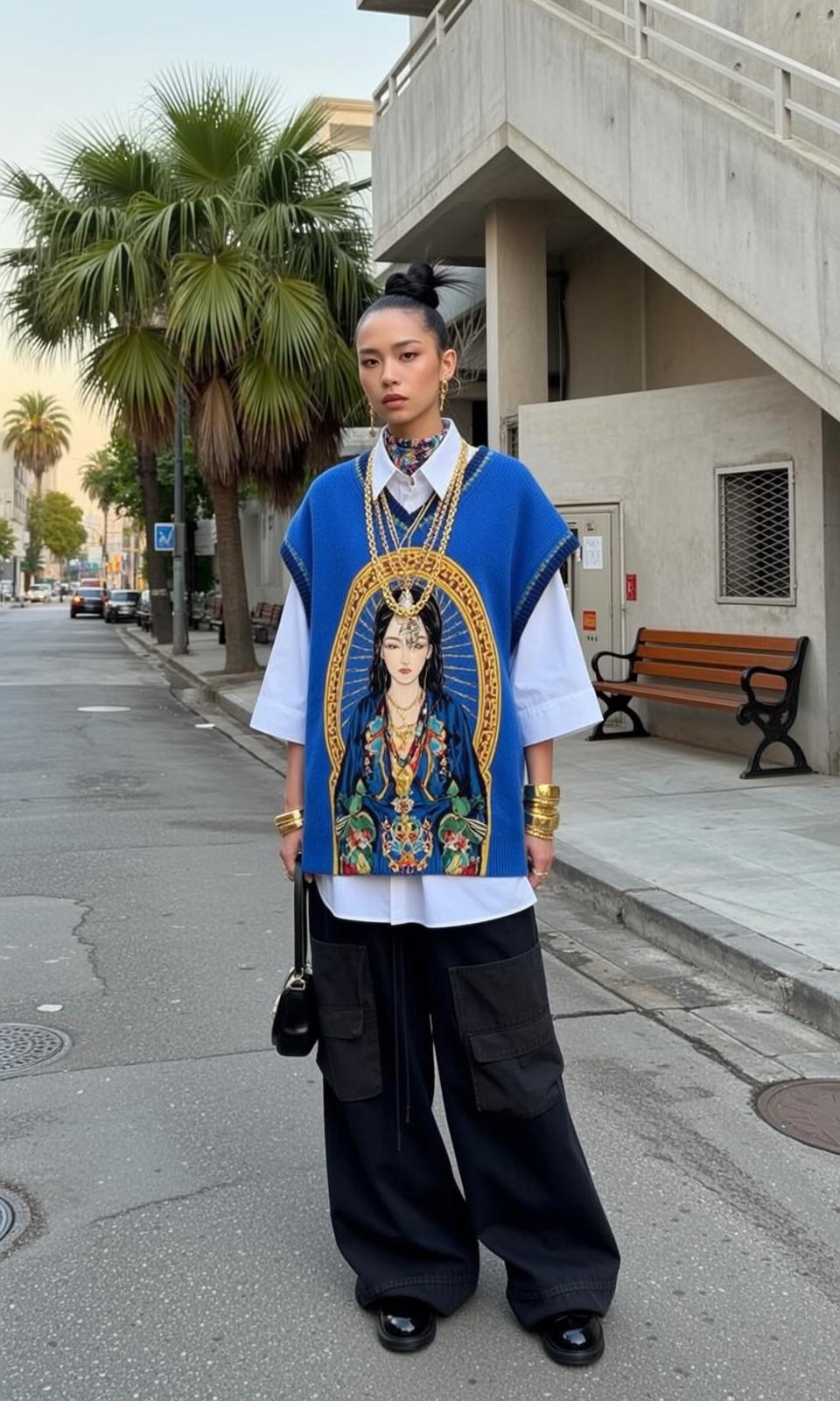 Portrait Knit Vest and Black Cargo Pants