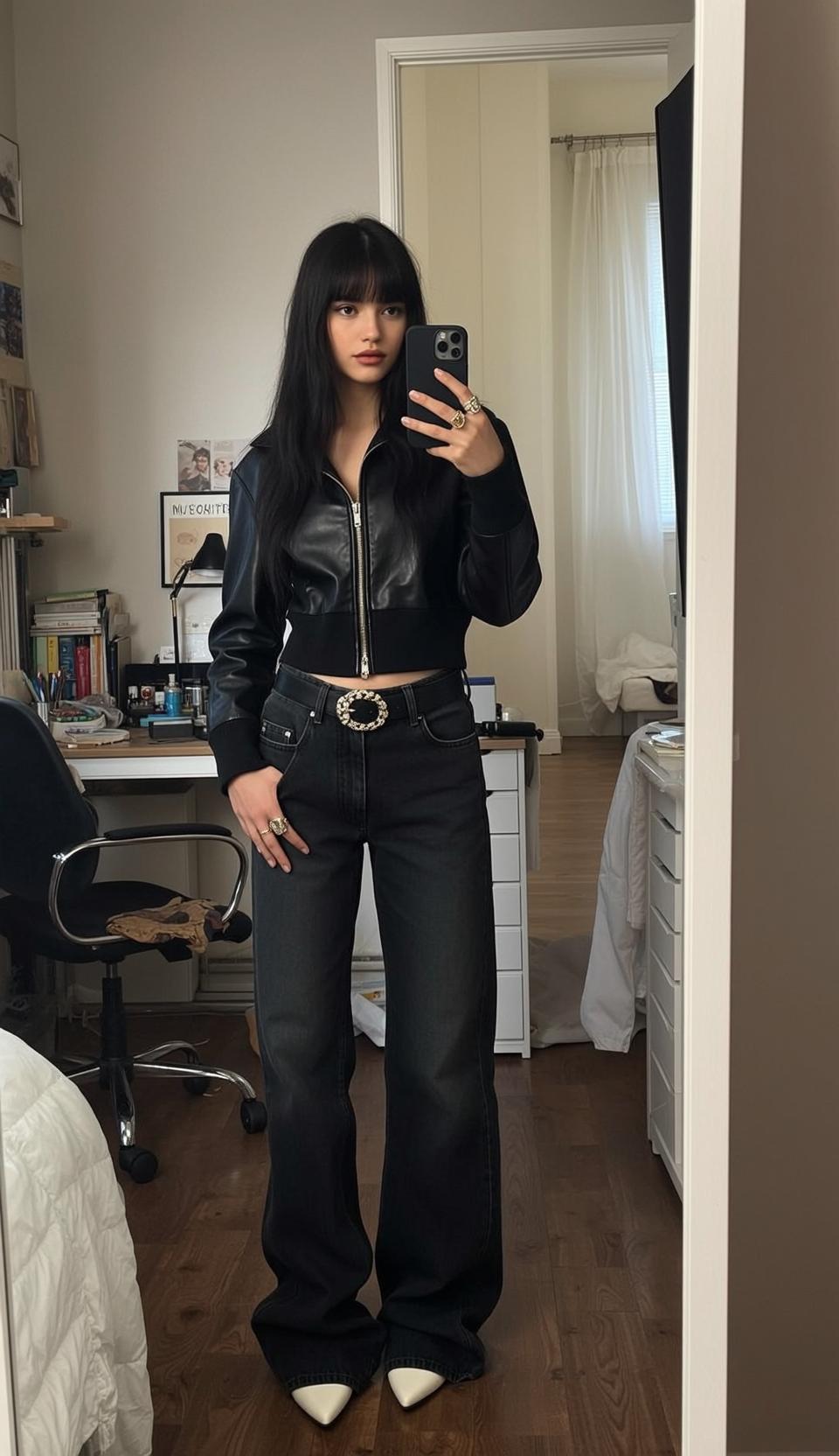 Black Bomber Jacket and Dark Wash Jeans in Bedroom