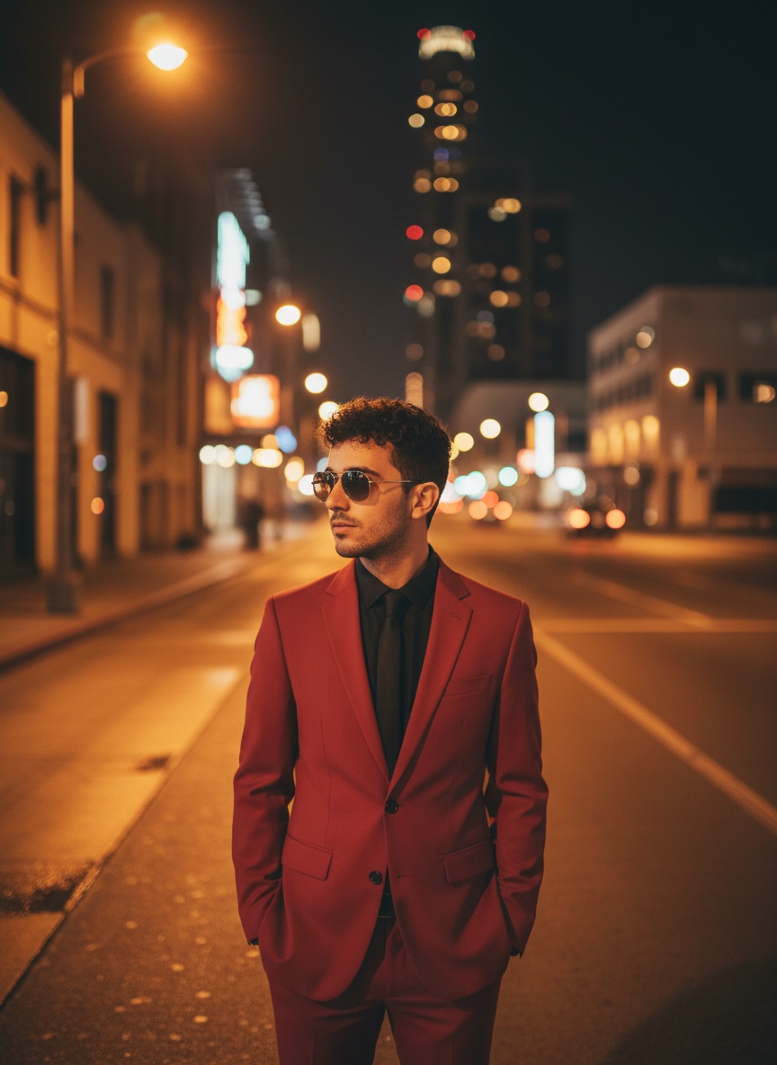 Man In Red Suit At Night
