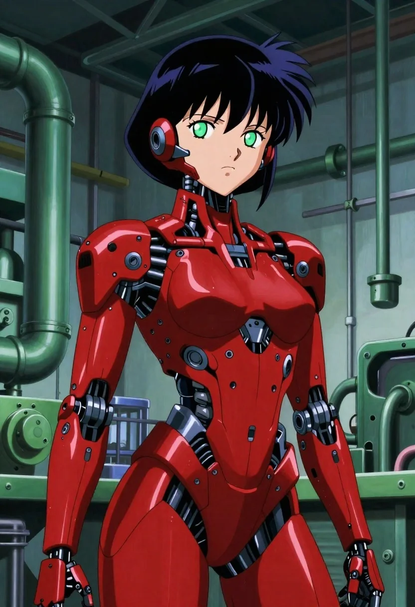 Anime-style Illustration Female Cyborg With Short Black Hair And Glowing reference photo