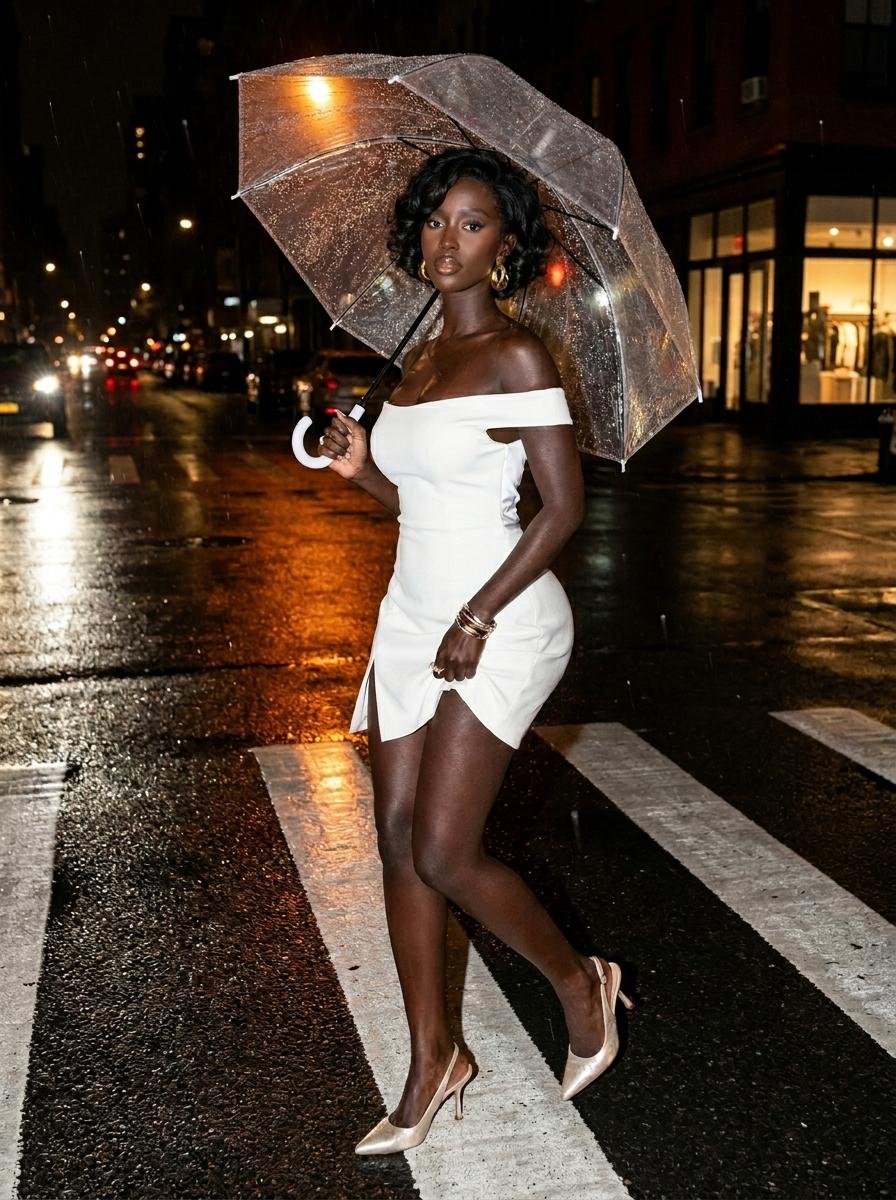 Rainy Night Fashion Editorial Wet City Crosswalk