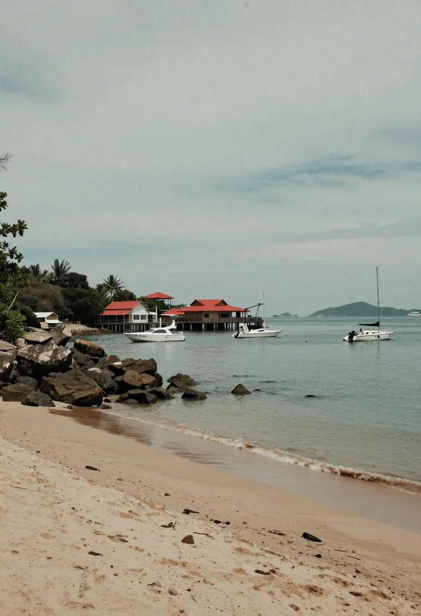 Serene Coastal Scene Featuring Sandy Beach The Foreground With Rocky