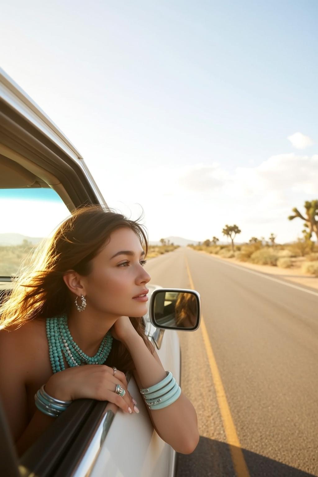 Turquoise Necklace Car Window Portrait