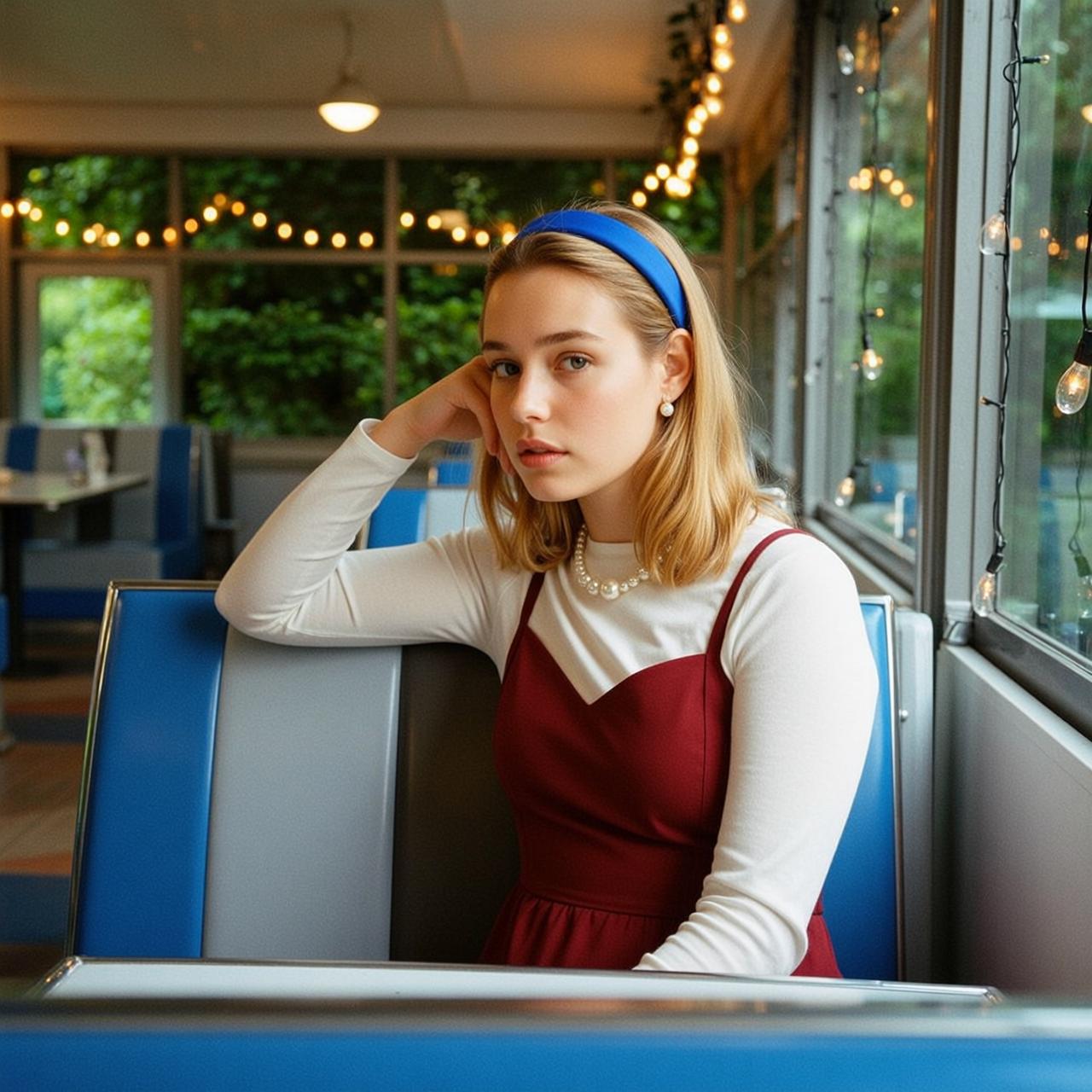 Explore Young Seated Diner Booth Leaning Her