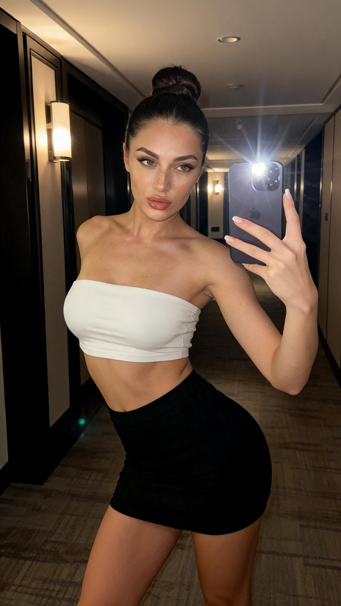A woman with a heart-shaped face posing playfully in a cropped top and mini skirt, captured with iPhone flash in a dimly lit hotel hallway.