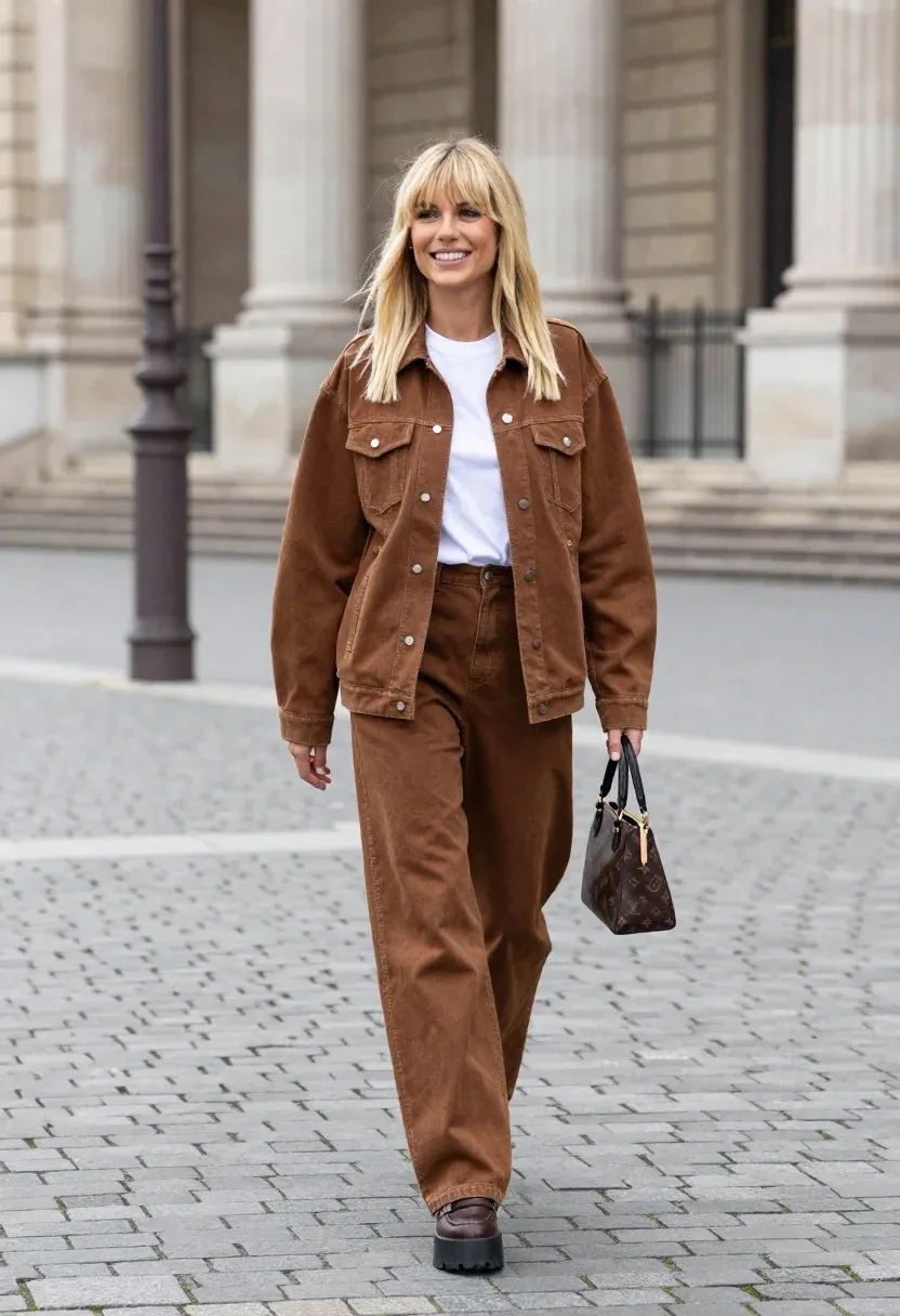 Smiling Woman With Blonde Hair And Bangs Walks Confidently Across