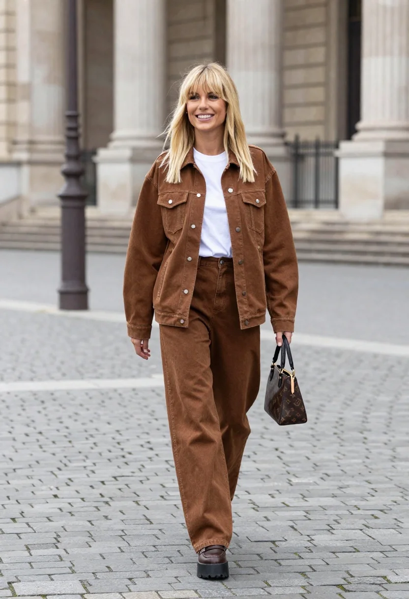 Smiling Woman With Blonde Hair And Bangs Walks Confidently Across reference photo