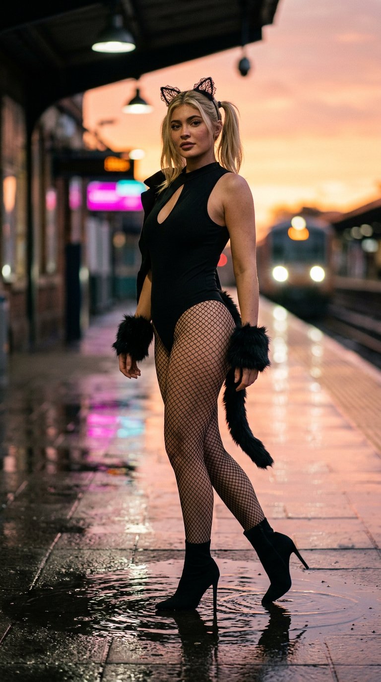 A person in a sleek black cat costume poses on a rain-slicked train platform at sunset, featuring wet pavement and vibrant sky colors.