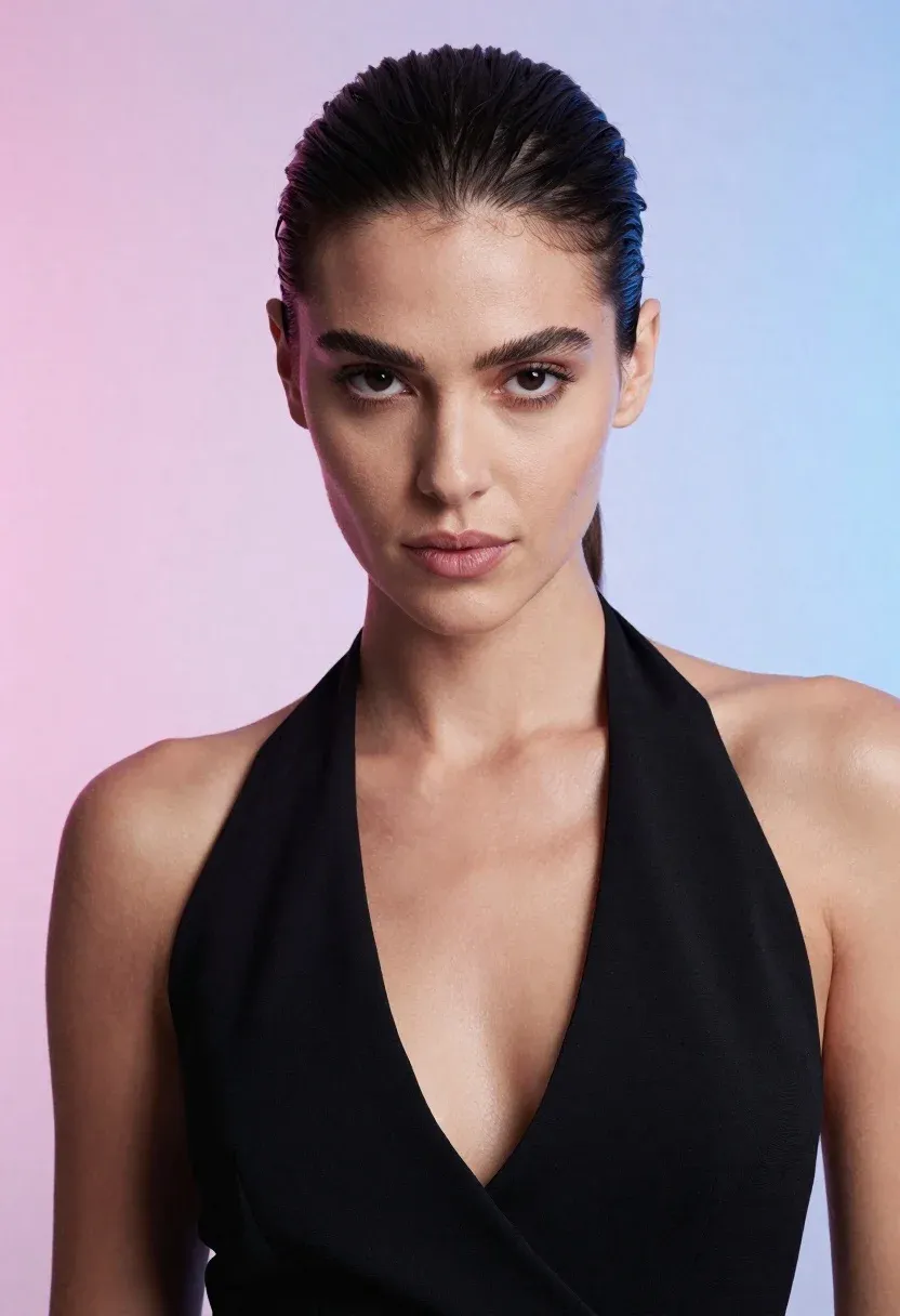 Striking Portrait Woman With Dark Hair Pulled Back Into Sleek