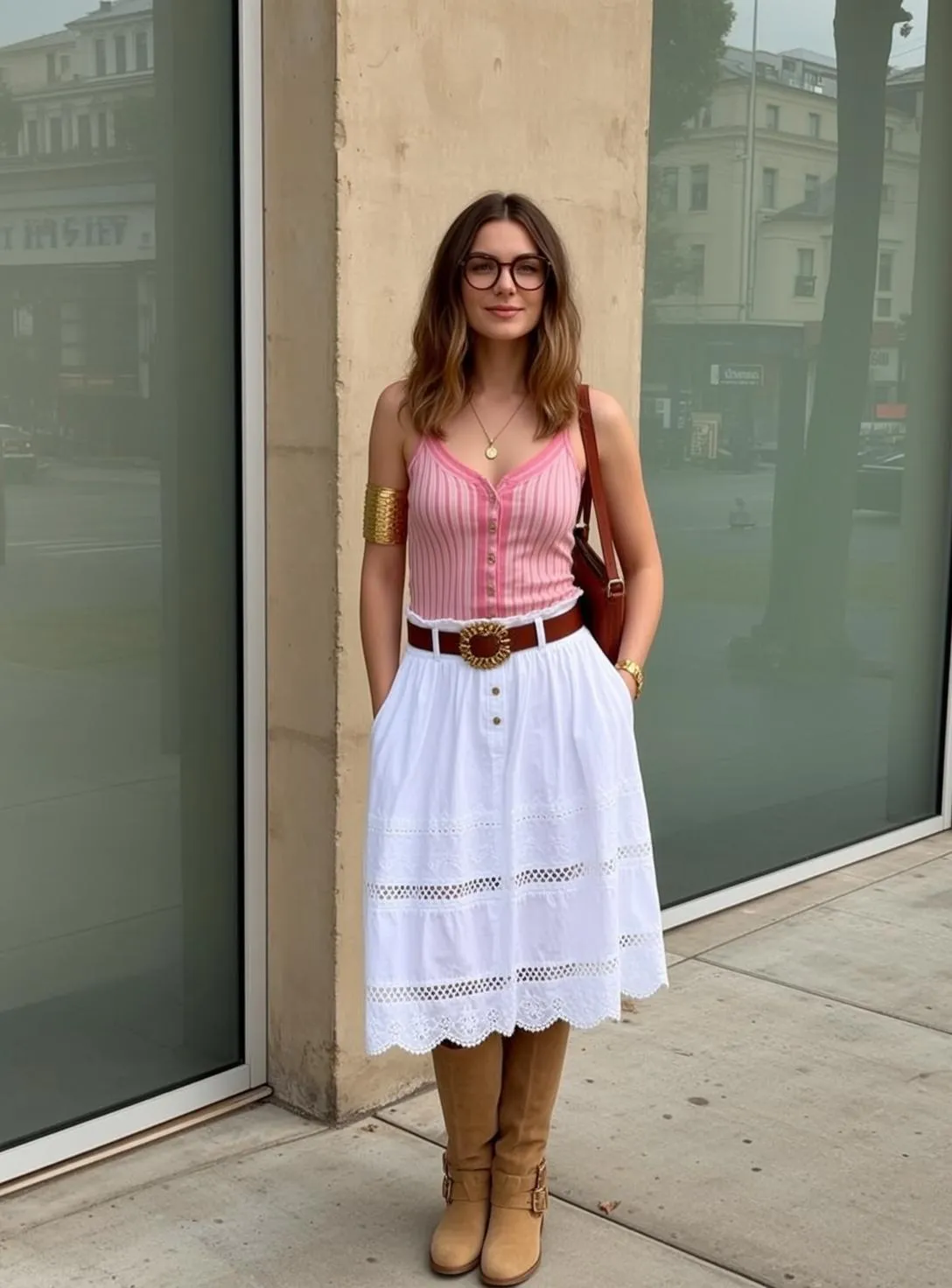 Glasses And Striped Tank Lace Skirt Street