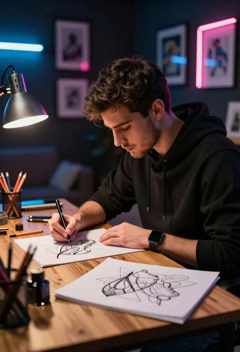 Realistic Portrait Young Man Profile Sitting Wooden Desk And Sketching