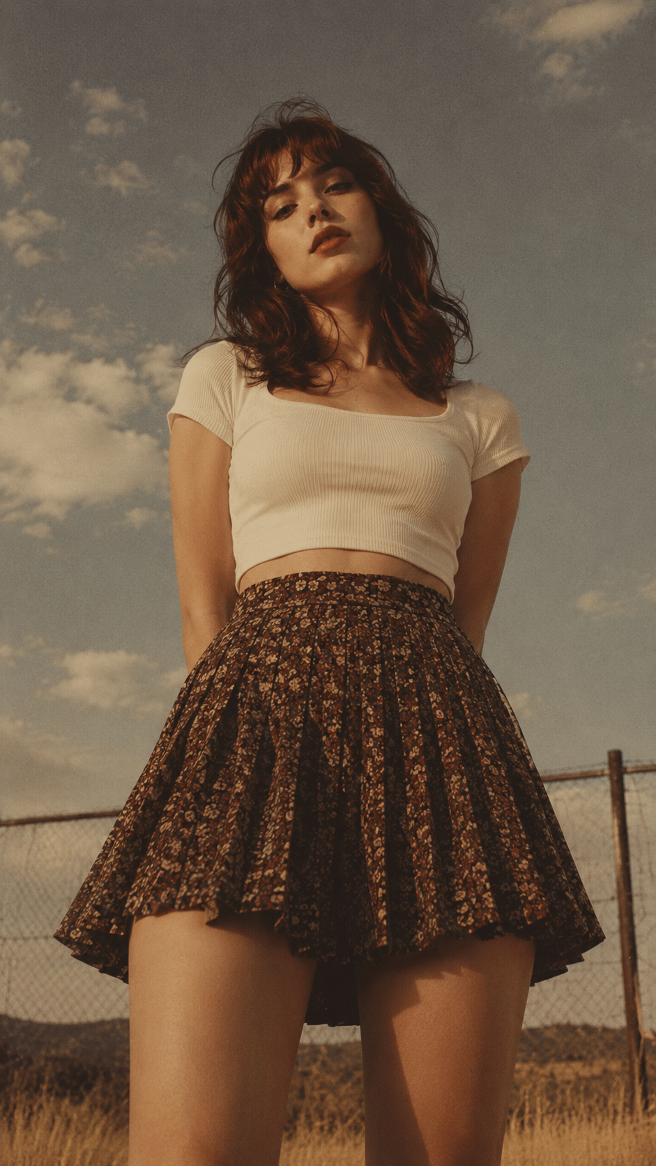 Full Body Portrait White Crop Top Floral Mini Skirt Golden