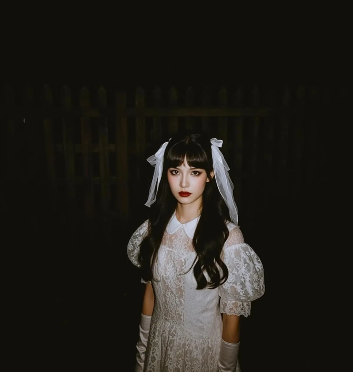 White Lace Dress At Midnight Fence