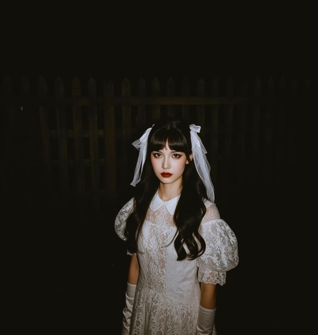 White Lace Dress At Midnight Fence