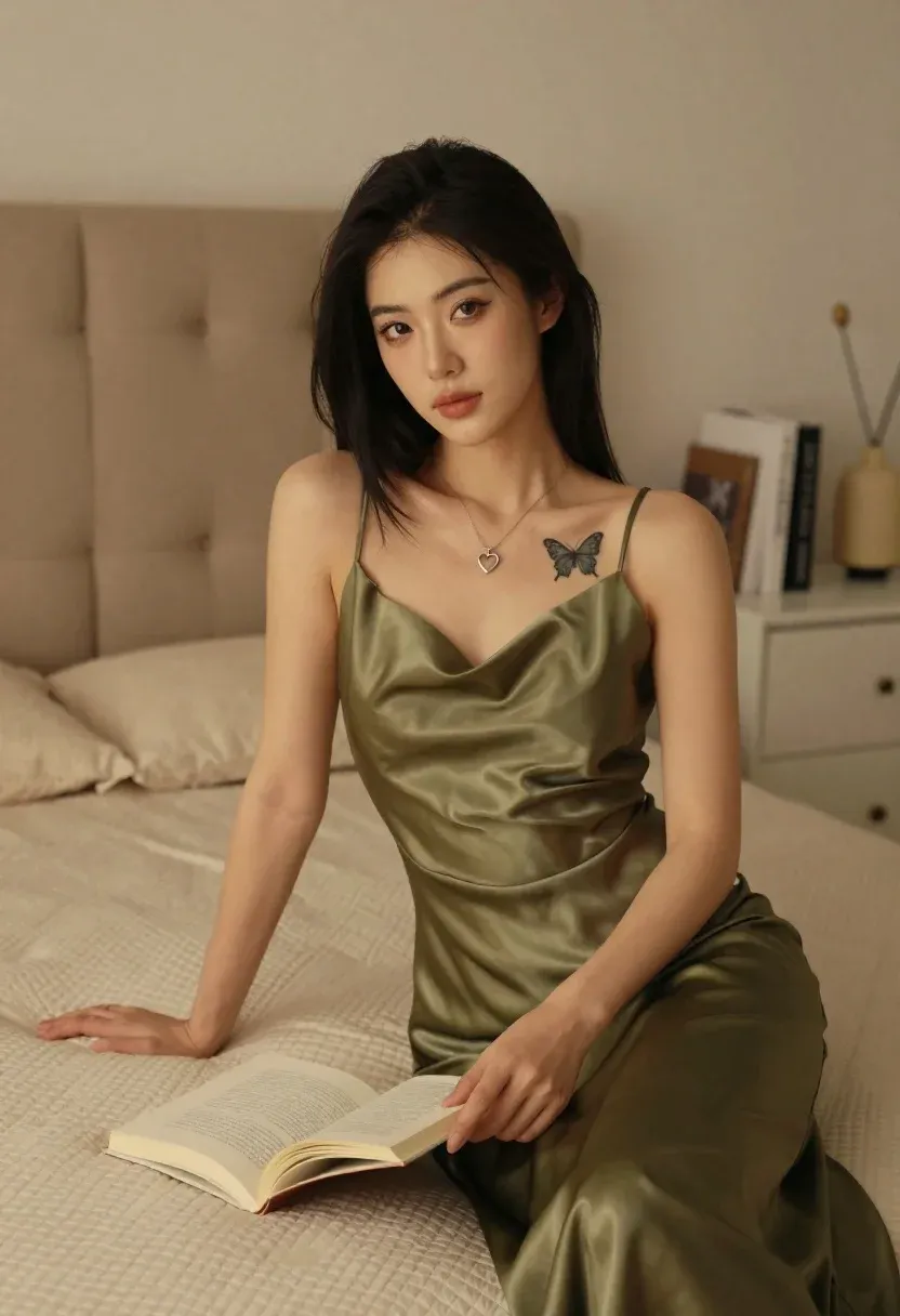 Woman With Long Dark Hair Sits Bed Holding Open Book