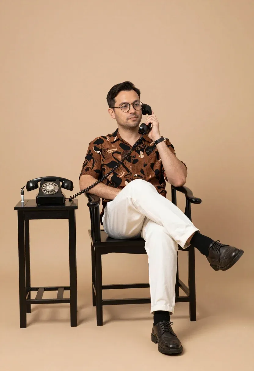 Man Sits Casually Studio Setting Holding Old-fashioned Telephone Receiver His