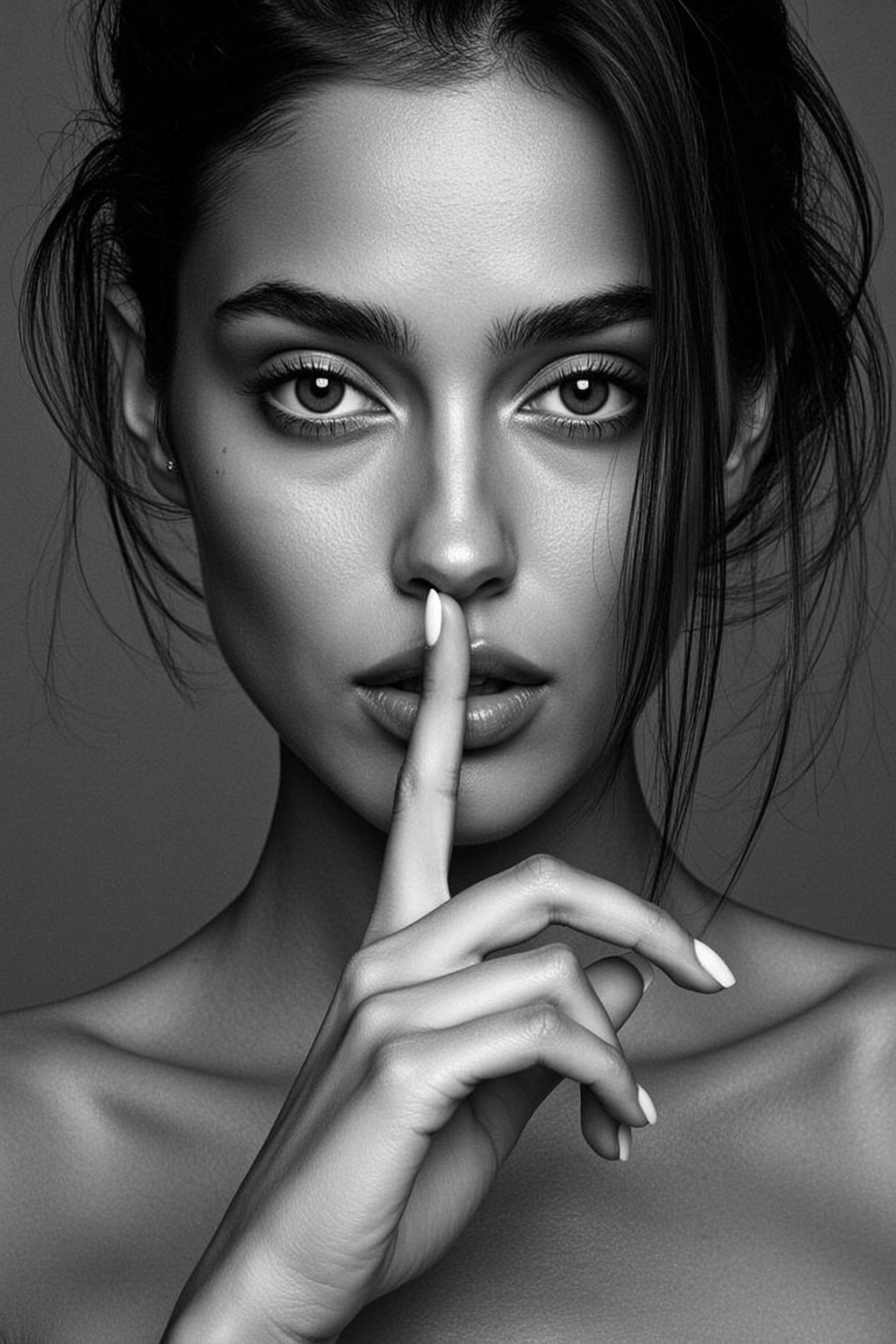 Photorealistic Black And White Medium Close-up Portrait Young Woman With