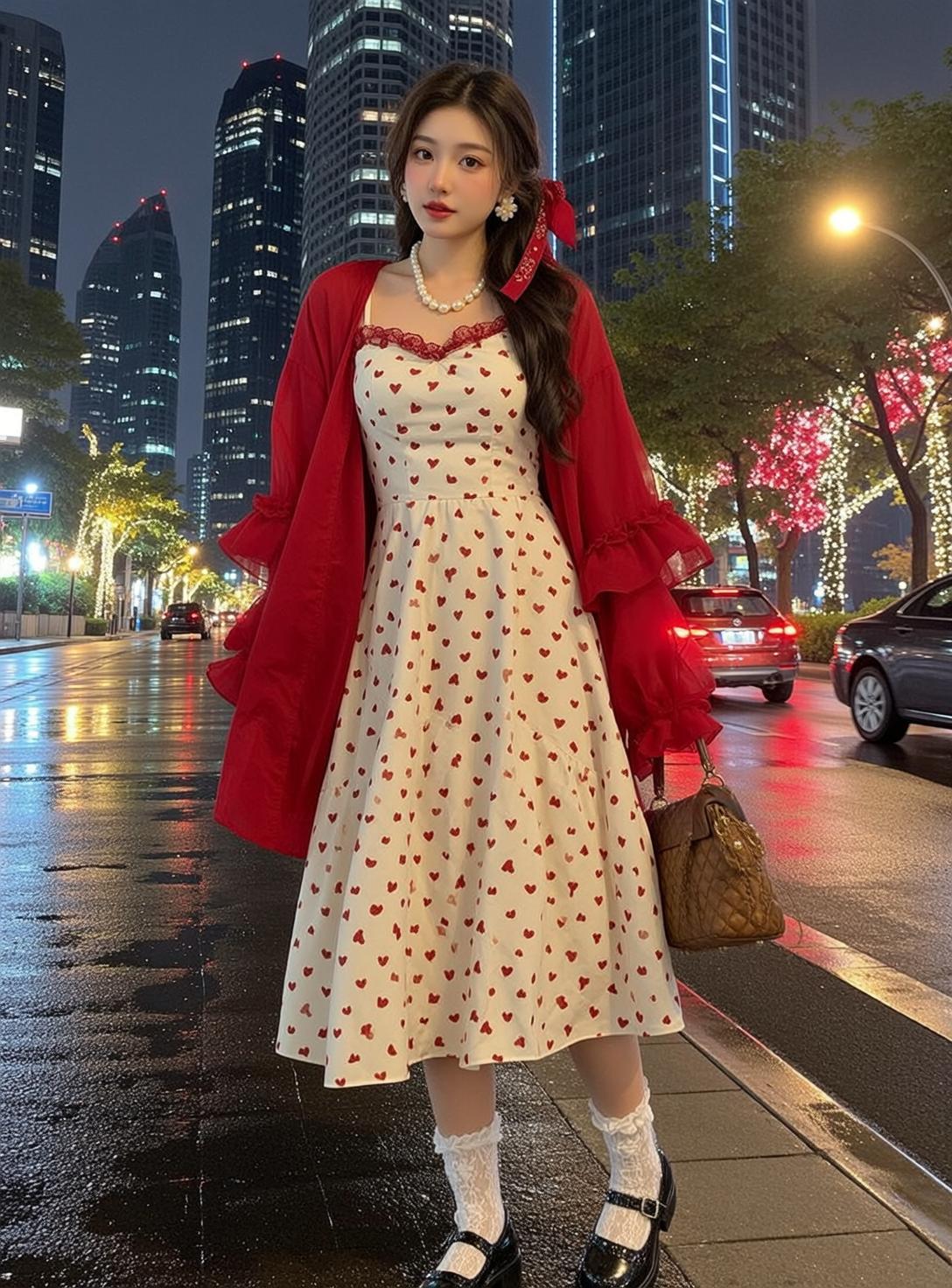 Heart Print Dress Cardigan Look