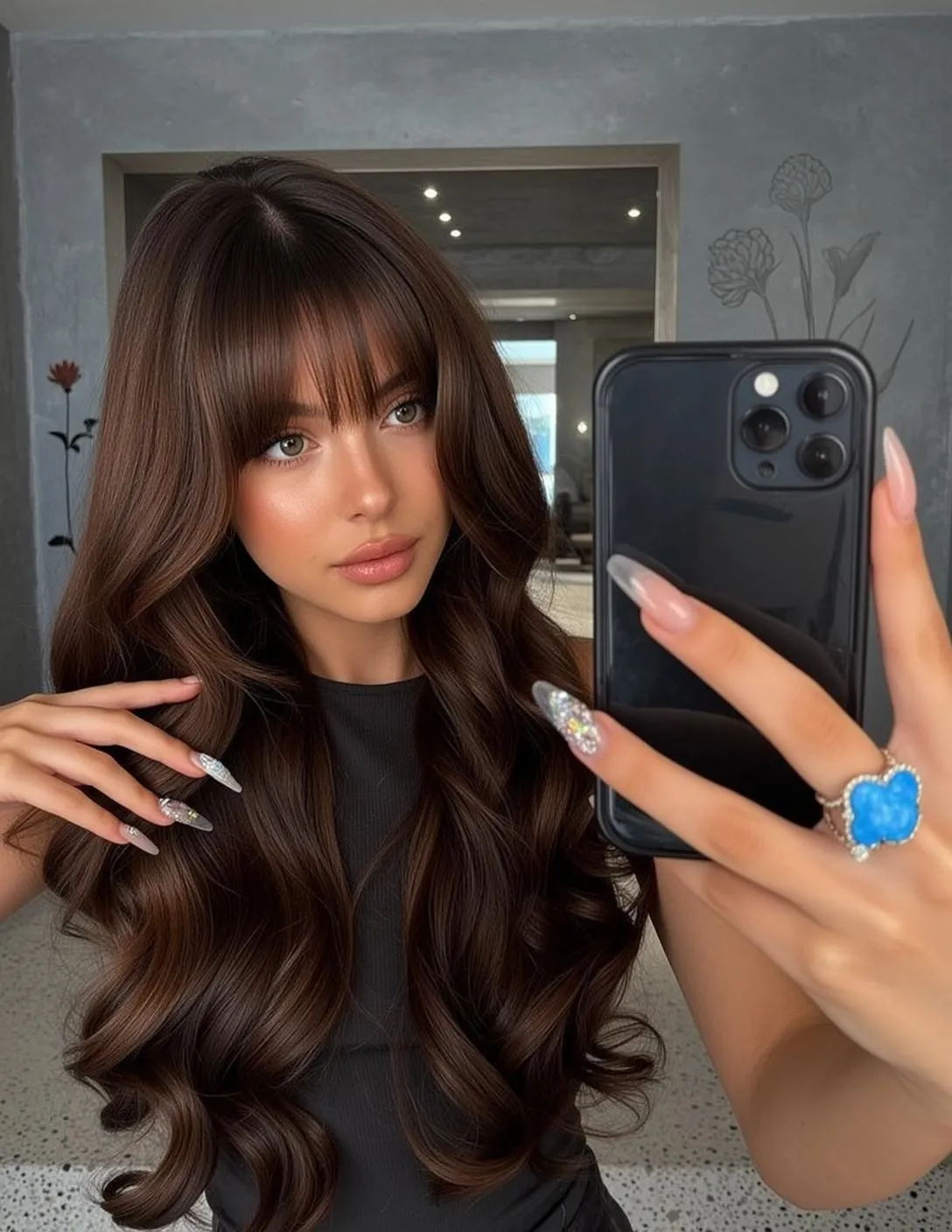 Young Woman Blue Gemstone Ring Selfie Modern Interior