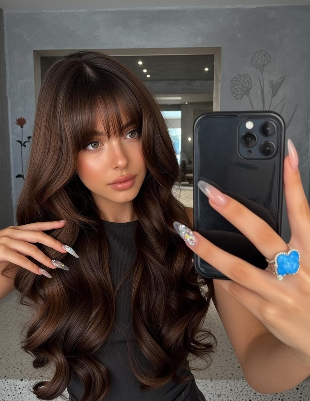Young Woman Blue Gemstone Ring Selfie Modern Interior