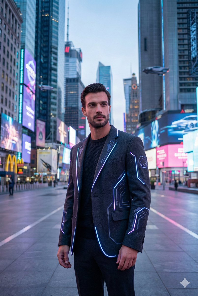 A confident figure in a tailored futuristic coat stands in a sleek city, illuminated by neon lights with a cinematic vibe.