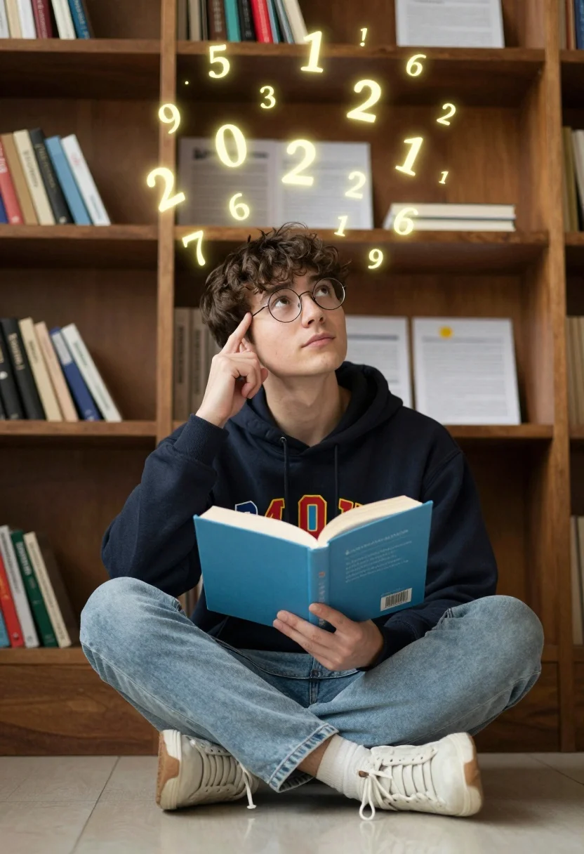 A thoughtful young man sitting cross-legged on a polished floor, with a large wooden bookshelf behind and glowing numbers floating around him.