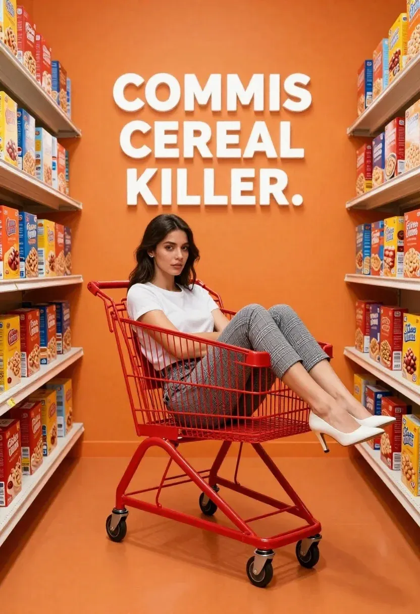Young Woman Sits Inside Red Shopping Cart The Center Brightly