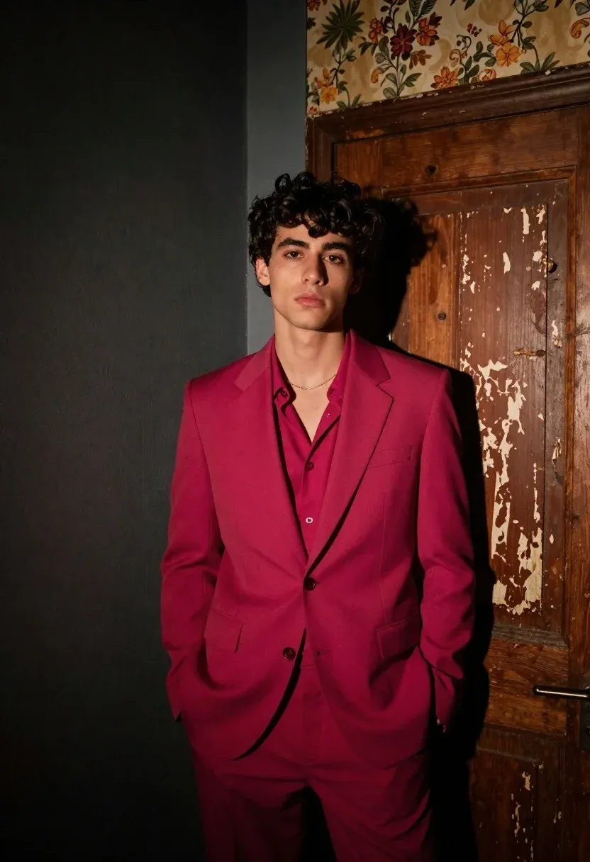 Young Man With Dark Curly Hair Stands Dimly Lit Room