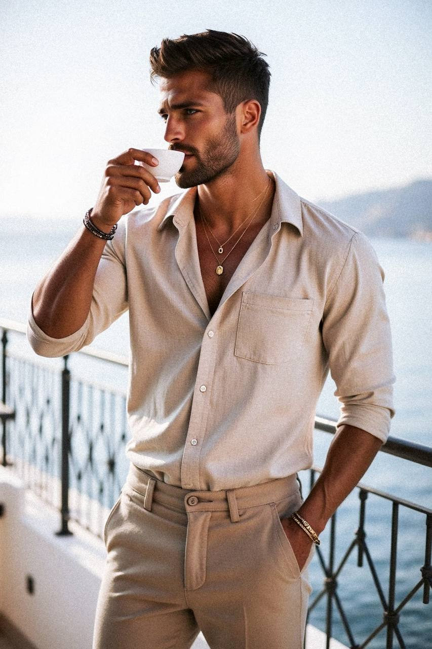 A man in a light linen shirt standing on a balcony overlooking the sea, sipping espresso, illuminated by sunlight.